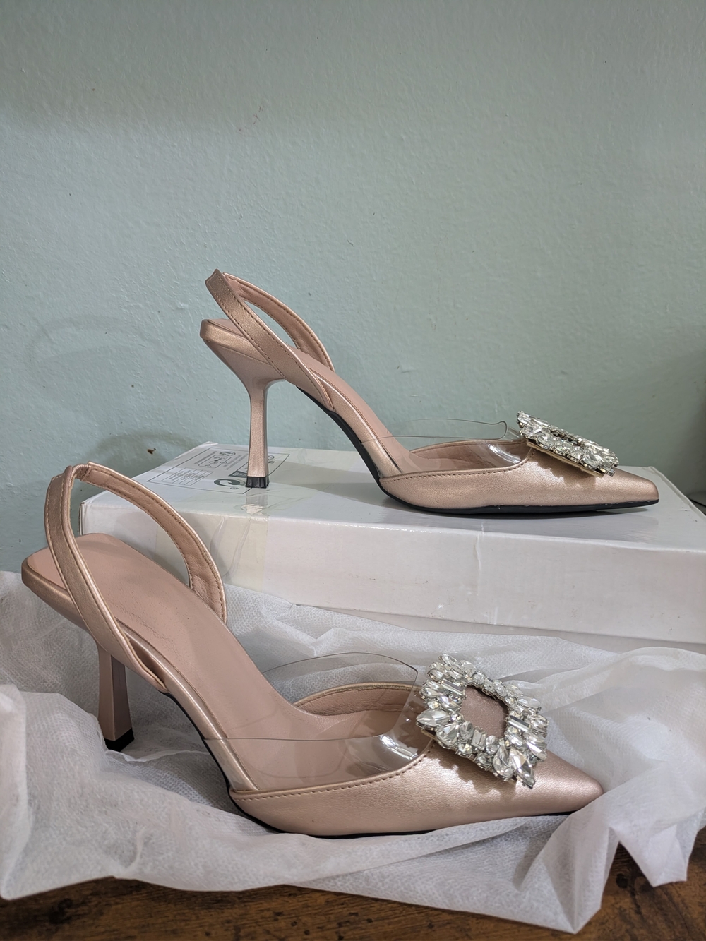 Elegant Pink Satin Slingback Heels with Crystal Brooch